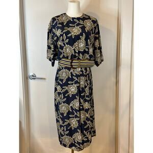 Vintage 90s Liz Claiborne 100% Silk Dress Size 12 Blue Floral Print Belt Modest